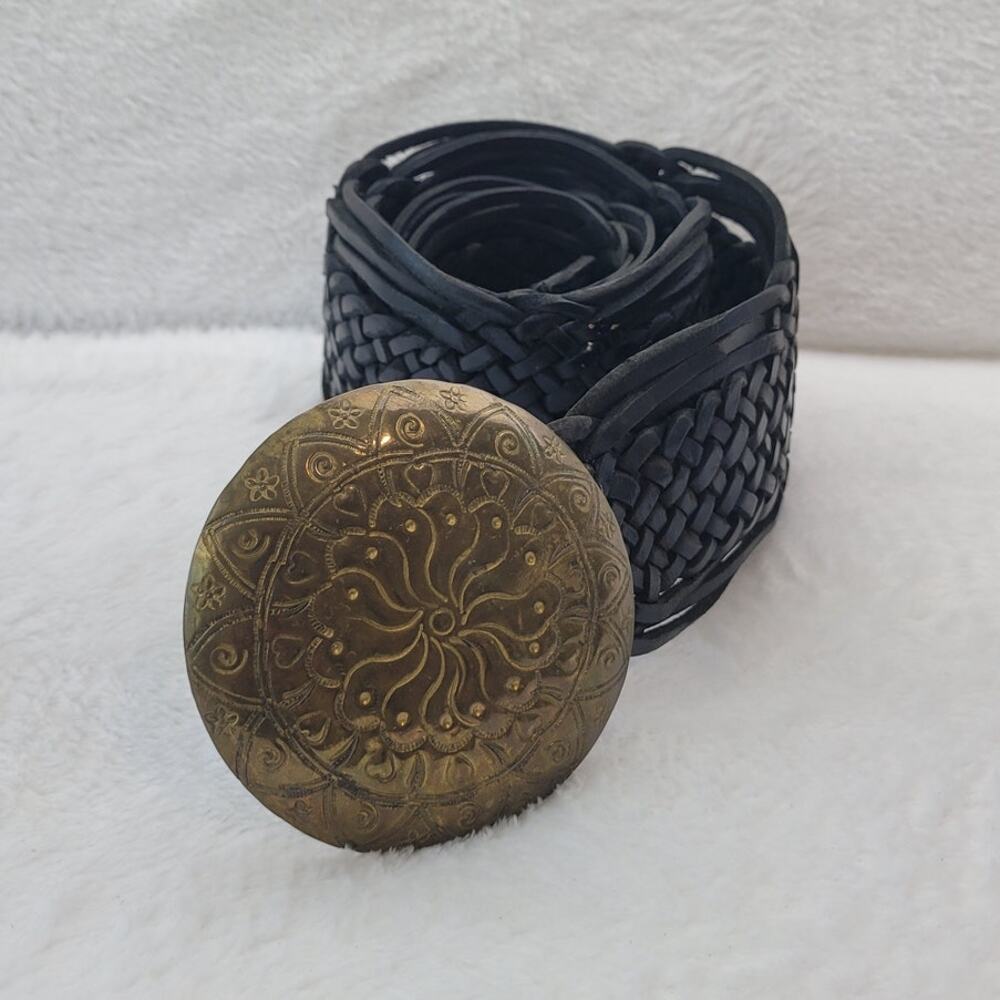 VTG Wide Braided Leather Belt Hammered Brass Buckle Boho 42" Festival Western